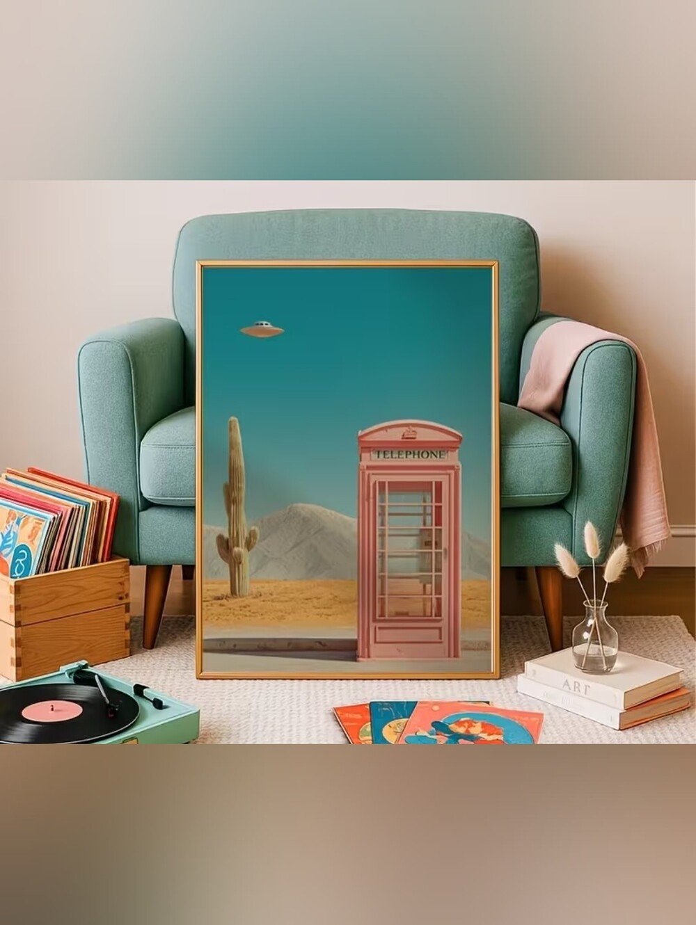 Pink Retro Telephone Booth Desert Art Print - Home Art